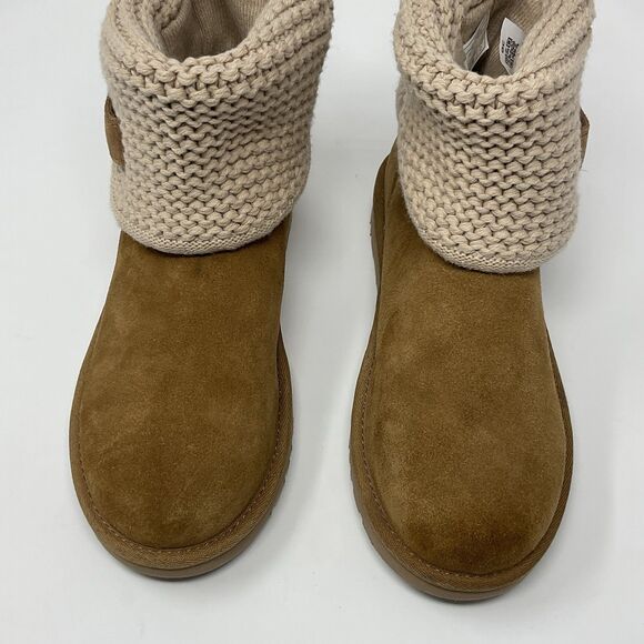 UGG Darrah Girls Sweater Knit Chestnut Suede Sheepskin Foldover Button 5 Kids - Picture 10 of 16